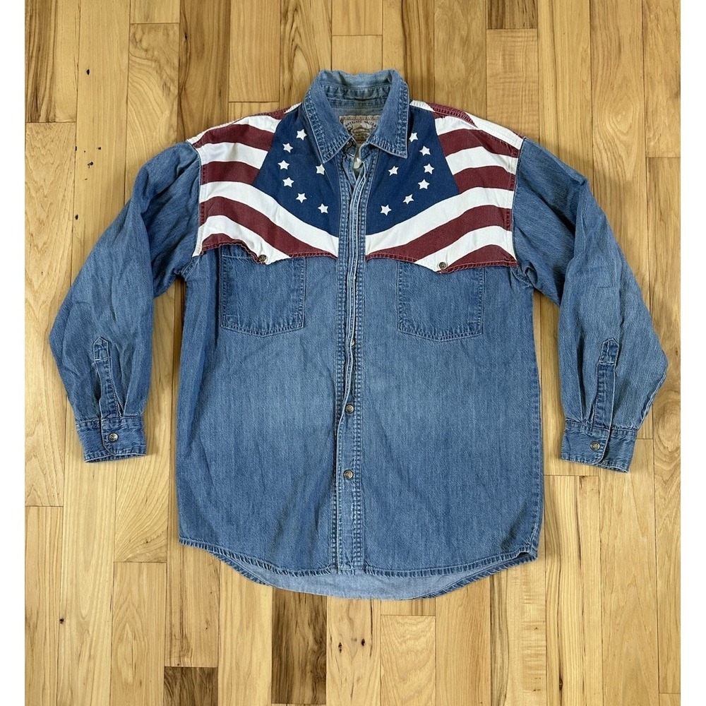 Antelope Valley‎ Western Snap Shirt Men's Small Denim Jean Embroidered USA Flag